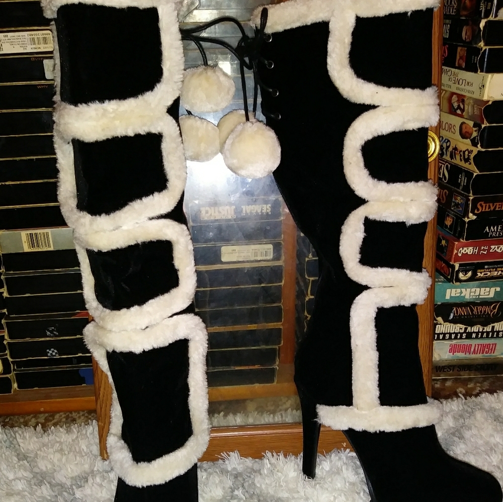 LAfonda Black n White suede fur knee high boots